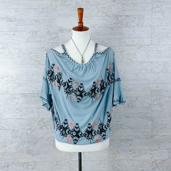 Free People New World Jersey blue cold shoulder embroidered peasant top - Picture 2 of 6